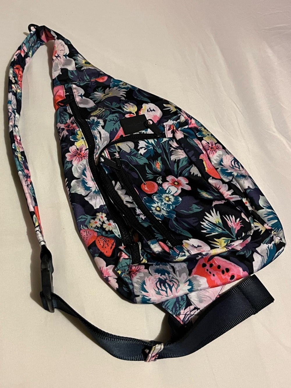 Vera Bradley Black Floral Crossbody Sling Bag with Pink & Green Accents
